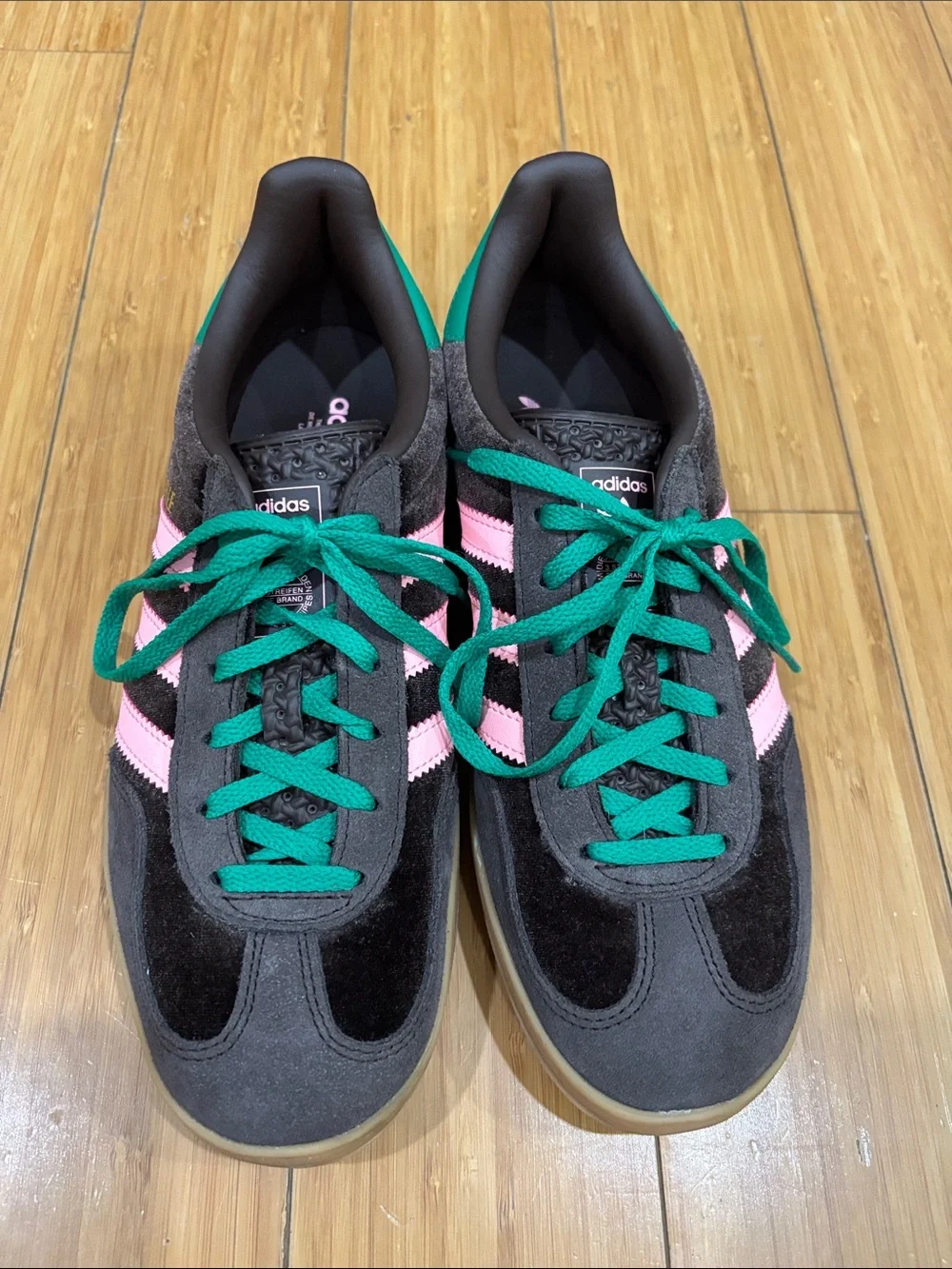 adidas Women's Black Sneakers with Pink Stripes and Green Laces